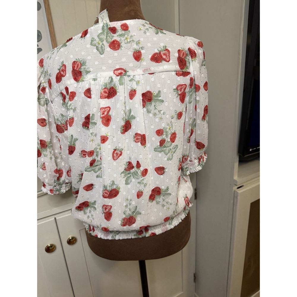 Joie Women's White Strawberry Floral V-Neck Button Puff Sleeve Smocked Blouse S - Picture 3 of 5